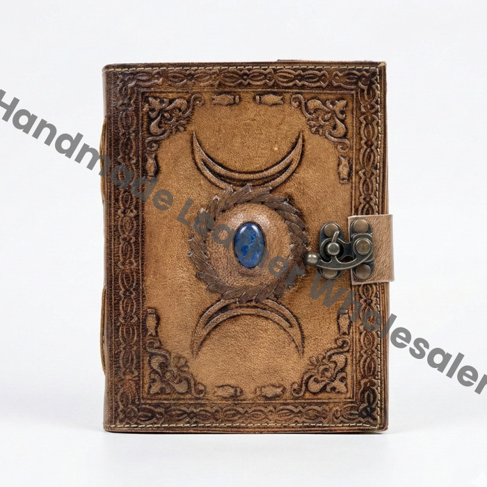 Personalized Triple Moon Goddess Leather Journal: Embossed Grimoire Gift