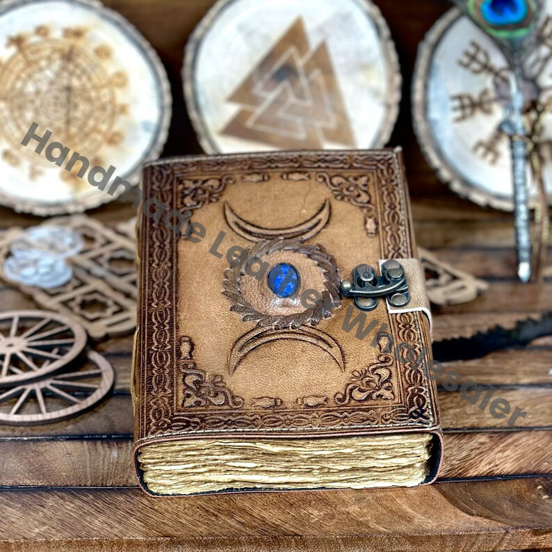 Personalized Triple Moon Goddess Leather Journal: Embossed Grimoire Gift