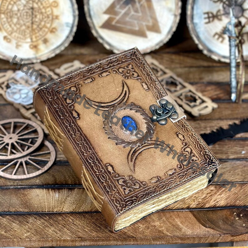 Personalized Triple Moon Goddess Leather Journal: Embossed Grimoire Gift