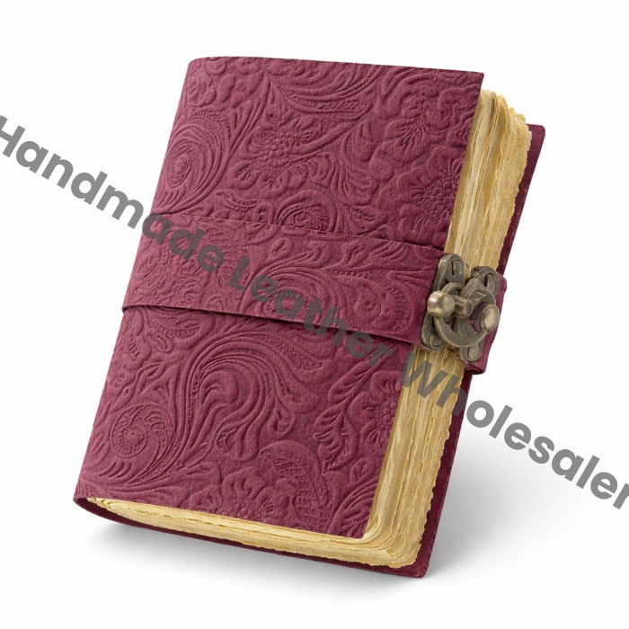 Pink Garden Flower Handmade Leather notebook Journal with Lock Antique Journal