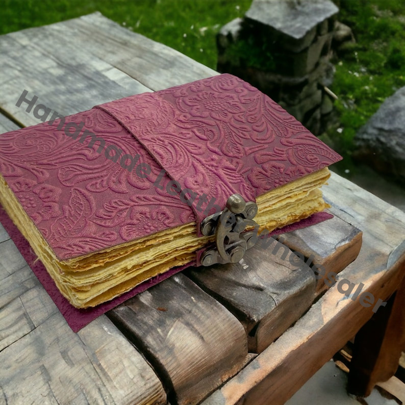 Pink Garden Flower Handmade Leather notebook Journal with Lock Antique Journal