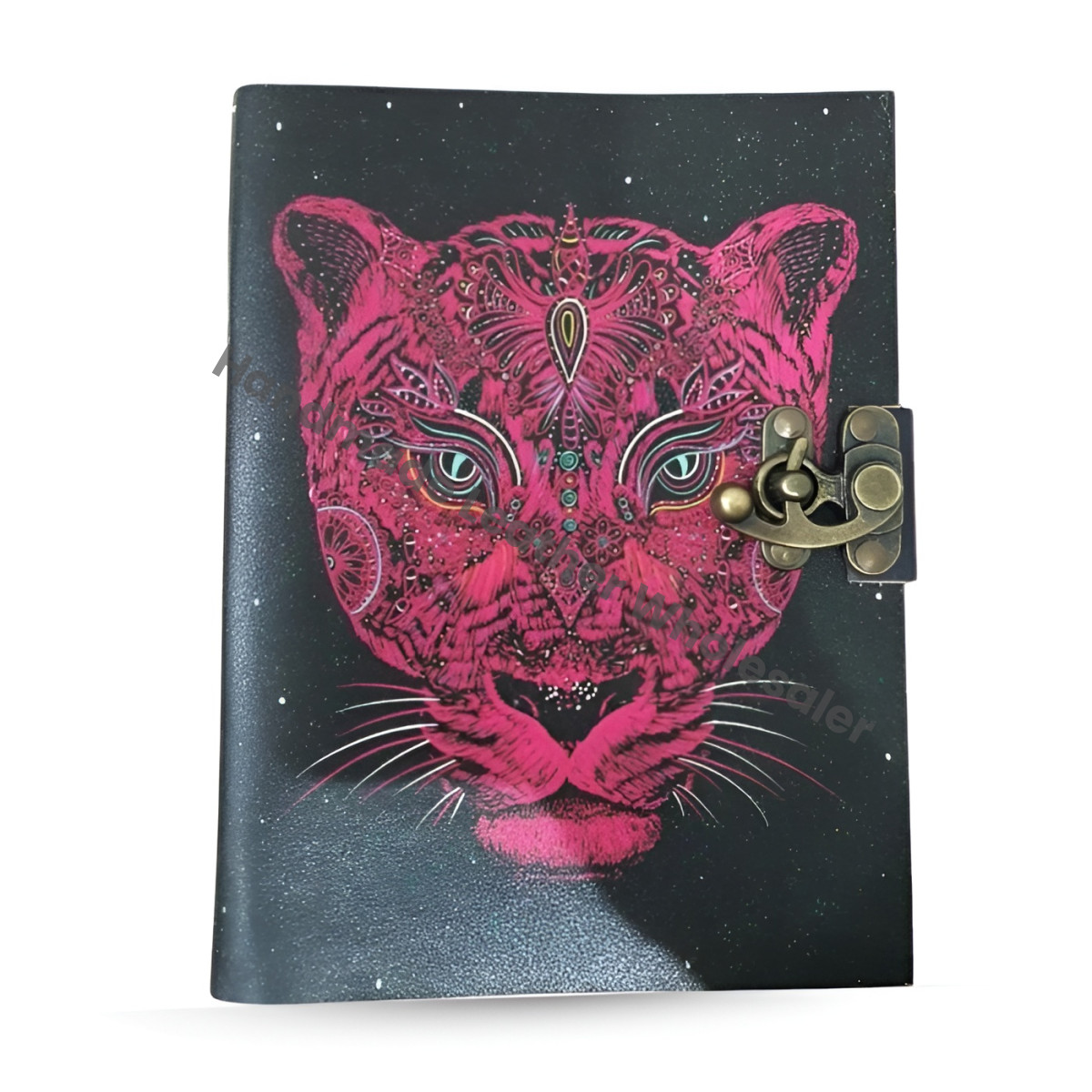 Pink Tiger Mandala Leather Journal – Handmade Vintage Notebook with Brass Lock, Embossed Mystical Big Cat Diary, Unlined Deckle Edge Paper.