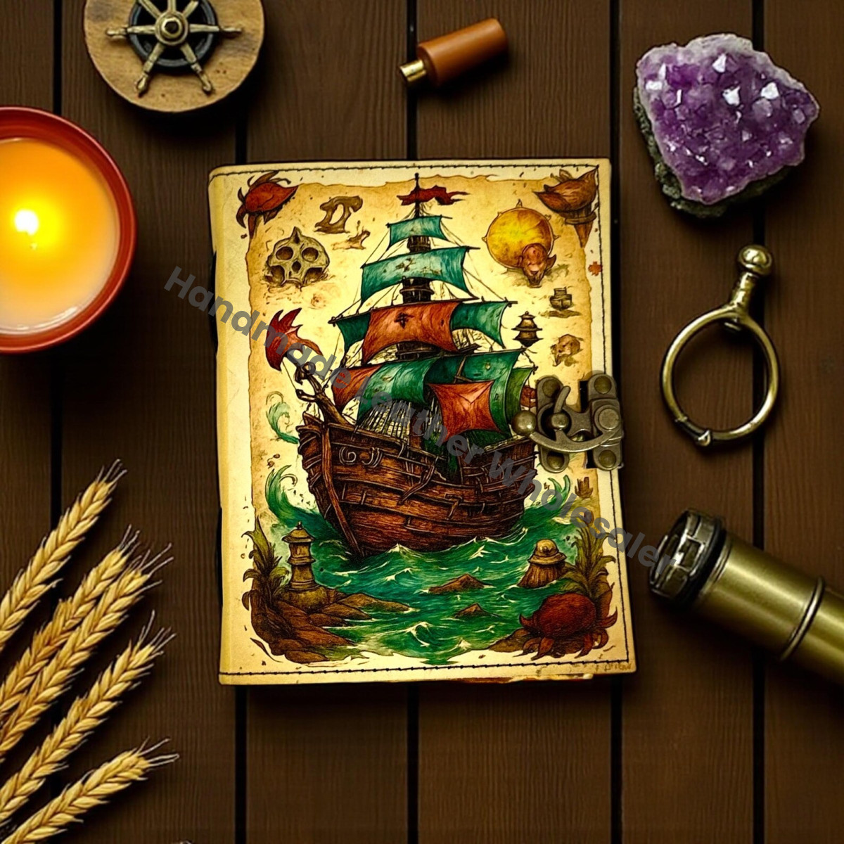 Pirate Ship Leather Grimoire –  Book of Shadows, Nautical Witchcraft Spellbook, Vintage Wiccan Pagan Gothic Journal, Witchy Gift