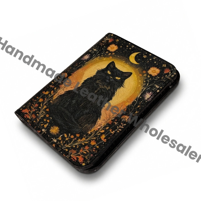 Premium Handmade Leather Wallet | 4 Card Slots | Artisan with Vintage Enchanted Black Cat Illustration Witchcraft, Pagan Magic Wallet Gift