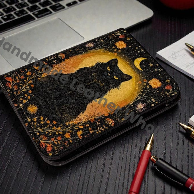 Premium Handmade Leather Wallet | 4 Card Slots | Artisan with Vintage Enchanted Black Cat Illustration Witchcraft, Pagan Magic Wallet Gift