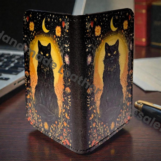 Premium Handmade Leather Wallet | 4 Card Slots | Artisan with Vintage Enchanted Black Cat Illustration Witchcraft, Pagan Magic Wallet Gift