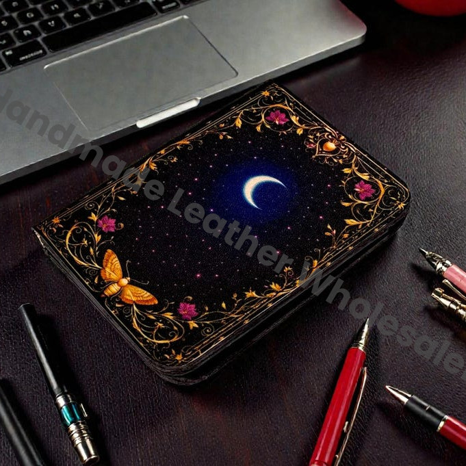 Premium Handmade Leather Wallet | 4 Card Slots | Artisan with Vintage Enchanted Black Moon Illustration Witchcraft, Pagan Magic Wallet Gift