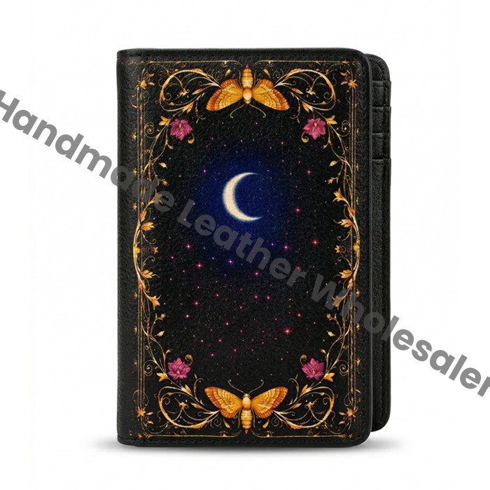 Premium Handmade Leather Wallet | 4 Card Slots | Artisan with Vintage Enchanted Black Moon Illustration Witchcraft, Pagan Magic Wallet Gift
