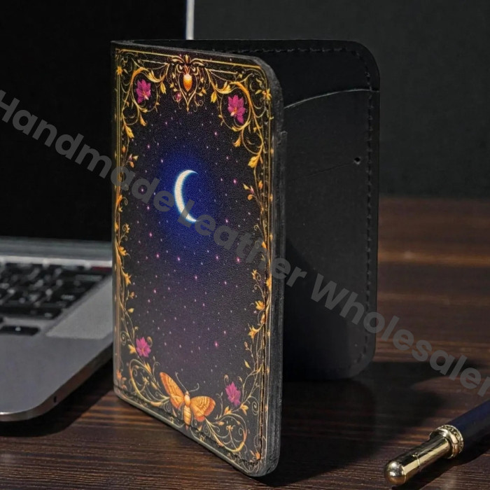 Premium Handmade Leather Wallet | 4 Card Slots | Artisan with Vintage Enchanted Black Moon Illustration Witchcraft, Pagan Magic Wallet Gift