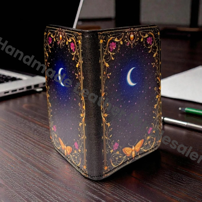 Premium Handmade Leather Wallet | 4 Card Slots | Artisan with Vintage Enchanted Black Moon Illustration Witchcraft, Pagan Magic Wallet Gift