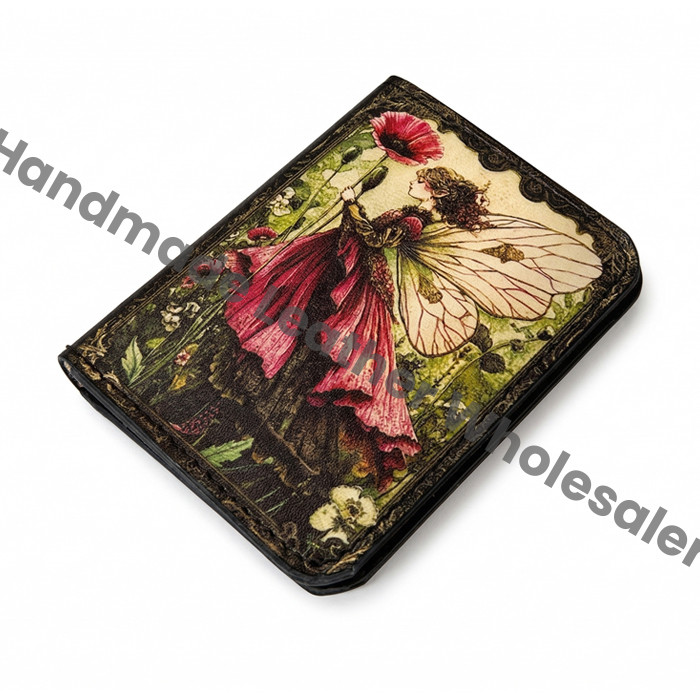 Premium Handmade Leather Wallet | 4 Card Slots | Artisan with Vintage Enchanted Fairy Illustration Witchcraft, Pagan Magic Wallet Gift