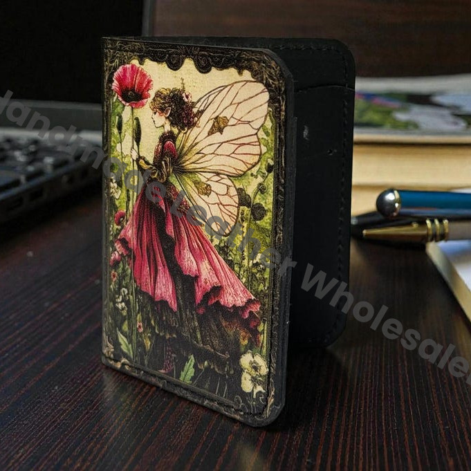 Premium Handmade Leather Wallet | 4 Card Slots | Artisan with Vintage Enchanted Fairy Illustration Witchcraft, Pagan Magic Wallet Gift