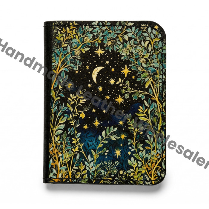 Premium Handmade Leather Wallet | 4 Card Slots | Artisan with Vintage Enchanted Moon Tree Illustration Witchcraft, Pagan Magic Wallet Gift