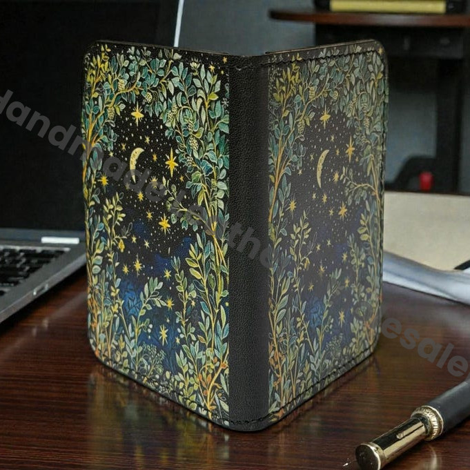 Premium Handmade Leather Wallet | 4 Card Slots | Artisan with Vintage Enchanted Moon Tree Illustration Witchcraft, Pagan Magic Wallet Gift