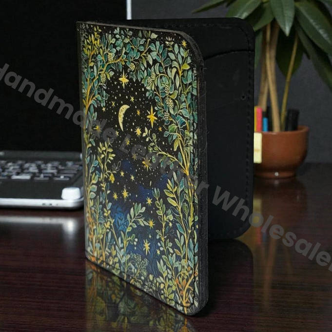 Premium Handmade Leather Wallet | 4 Card Slots | Artisan with Vintage Enchanted Moon Tree Illustration Witchcraft, Pagan Magic Wallet Gift