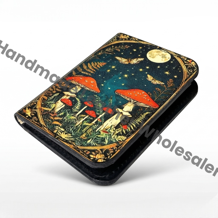 Premium Handmade Leather Wallet | 4 Card Slots | Artisan with Vintage Enchanted Mushroom Illustration Witchcraft, Pagan Magic Wallet Gift