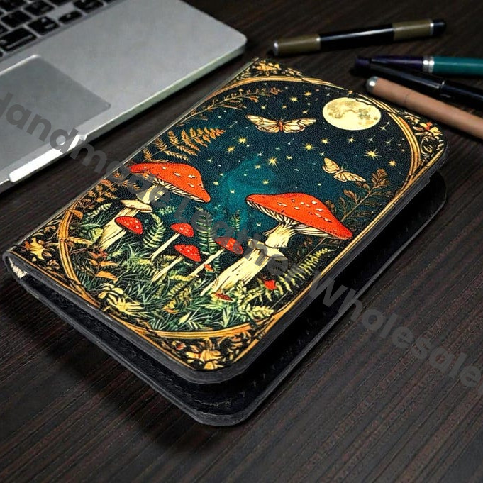 Premium Handmade Leather Wallet | 4 Card Slots | Artisan with Vintage Enchanted Mushroom Illustration Witchcraft, Pagan Magic Wallet Gift