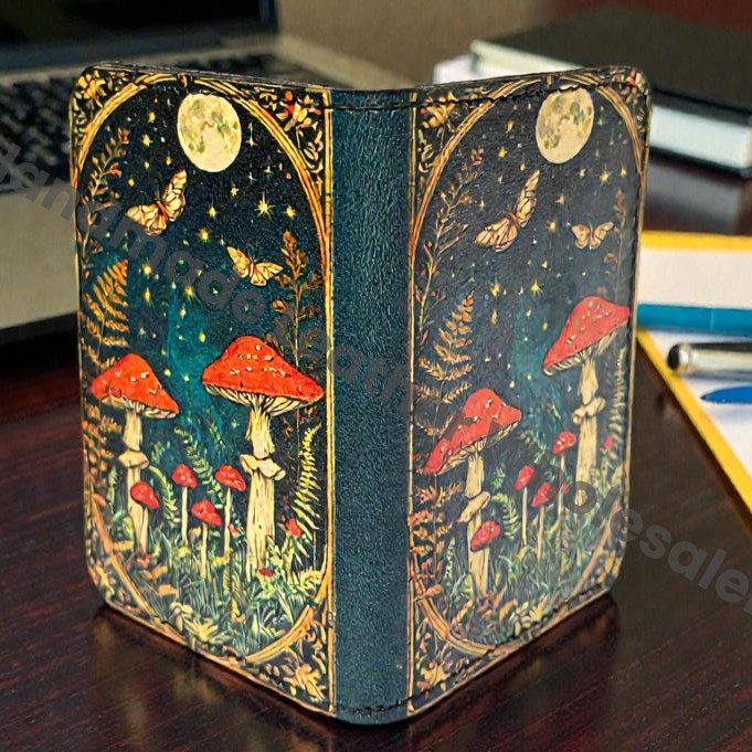 Premium Handmade Leather Wallet | 4 Card Slots | Artisan with Vintage Enchanted Mushroom Illustration Witchcraft, Pagan Magic Wallet Gift