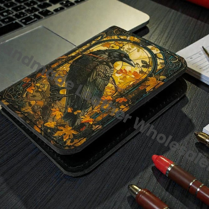 Premium Handmade Leather Wallet | 4 Card Slots | Artisan with Vintage Enchanted Raven Illustration Witchcraft, Pagan Magic Wallet Gift
