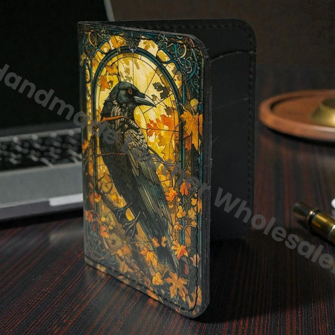 Premium Handmade Leather Wallet | 4 Card Slots | Artisan with Vintage Enchanted Raven Illustration Witchcraft, Pagan Magic Wallet Gift