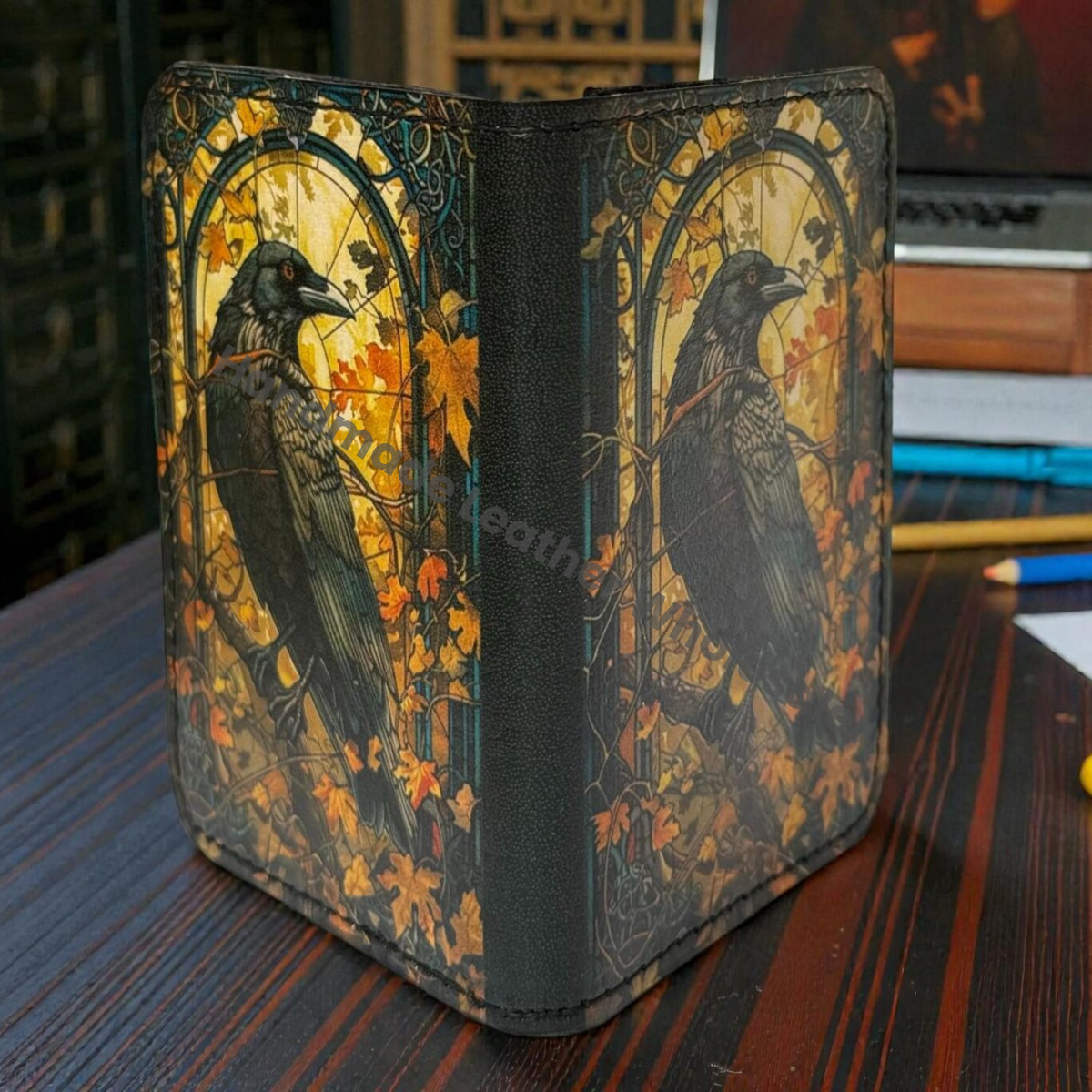 Premium Handmade Leather Wallet | 4 Card Slots | Artisan with Vintage Enchanted Raven Illustration Witchcraft, Pagan Magic Wallet Gift