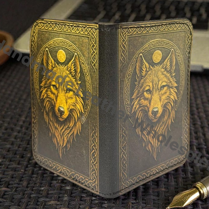 Premium Handmade Leather Wallet | 4 Card Slots | Artisan with Vintage Enchanted Wolf Illustration Witchcraft, Pagan Magic Wallet Gift