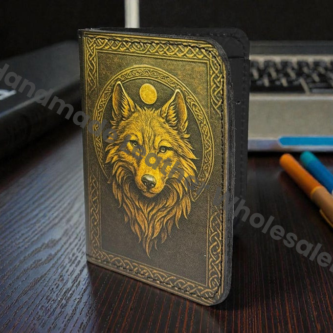 Premium Handmade Leather Wallet | 4 Card Slots | Artisan with Vintage Enchanted Wolf Illustration Witchcraft, Pagan Magic Wallet Gift