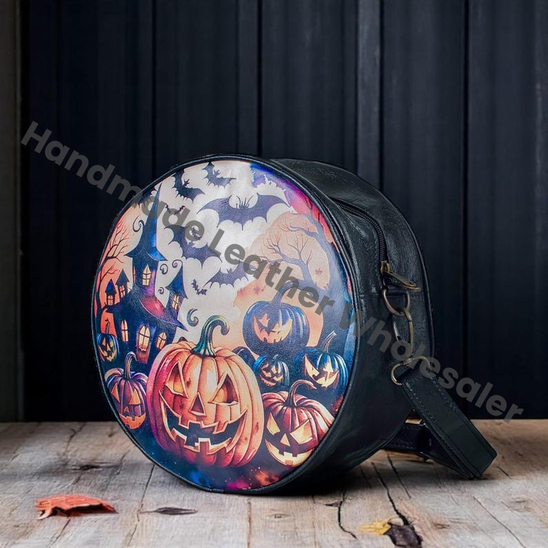 Pumpkin Halloween Round Bags, halloween, pumpkin, Witchy Bag, Gothic Crossbody, leather spooky purse, Wiccan Gothic goth bag Halloween gift