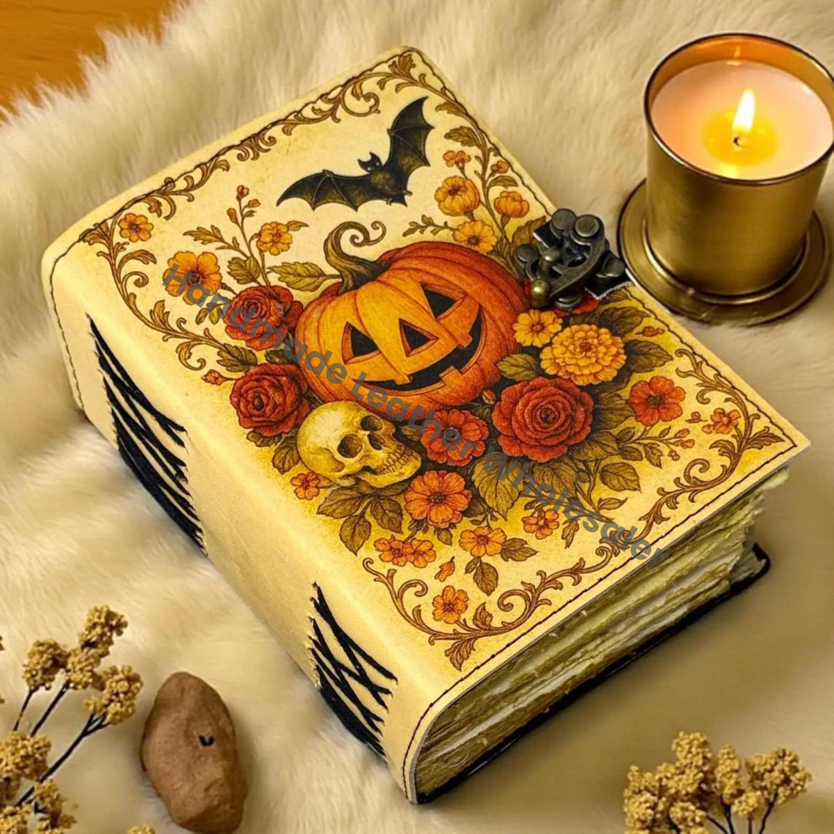 Pumpkin Leather Journal – Halloween Witchy Grimoire Notebook | Vintage Spell Book, Gothic Journal for Witches, Tarot & Spooky Writing, DnD