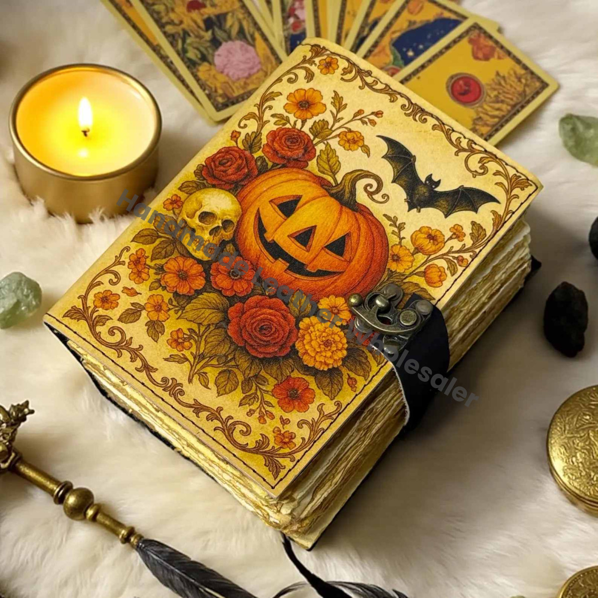 Pumpkin Leather Journal – Halloween Witchy Grimoire Notebook | Vintage Spell Book, Gothic Journal for Witches, Tarot & Spooky Writing, DnD