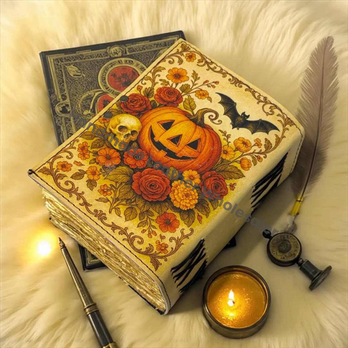 Pumpkin Leather Journal – Halloween Witchy Grimoire Notebook | Vintage Spell Book, Gothic Journal for Witches, Tarot & Spooky Writing, DnD