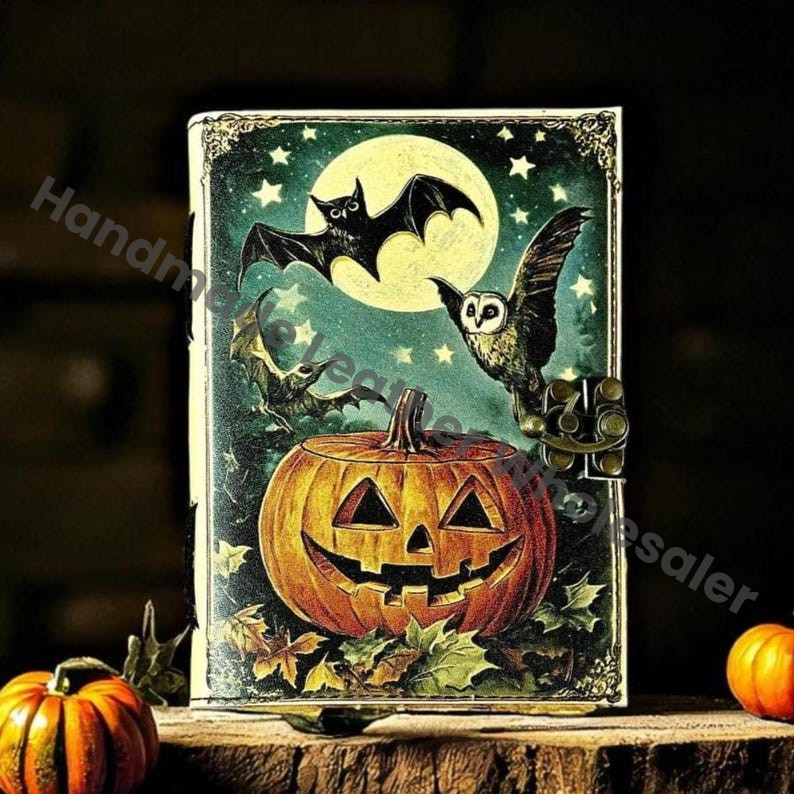 Pumpkin Leather Journal Vintage Bat Moon Forest Grimoire Handmade Book of Shadows Spell book Wiccan Pagan Gothic Magic Diary Gift