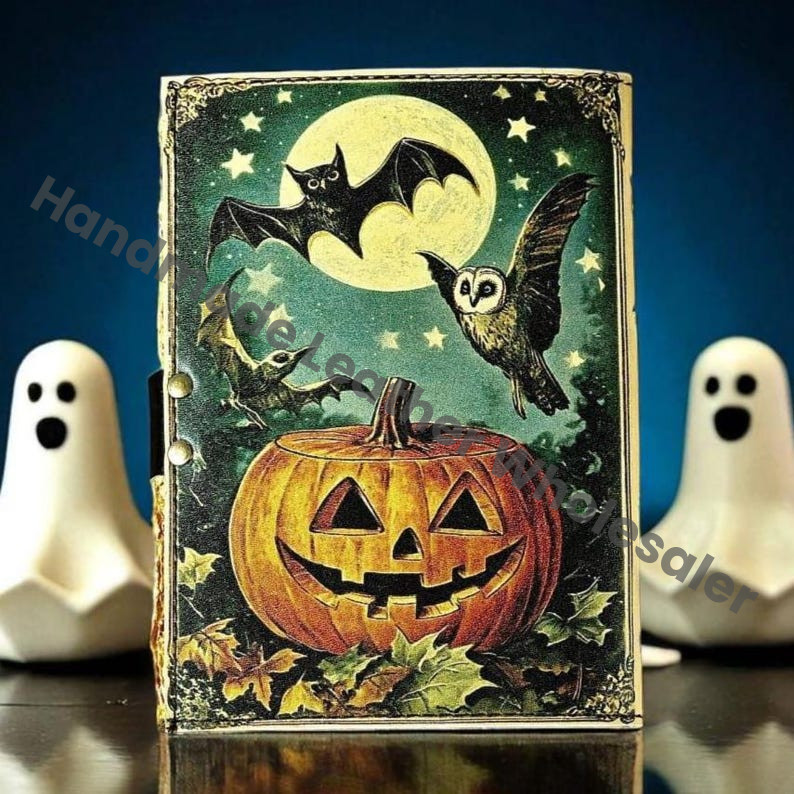 Pumpkin Leather Journal Vintage Bat Moon Forest Grimoire Handmade Book of Shadows Spell book Wiccan Pagan Gothic Magic Diary Gift