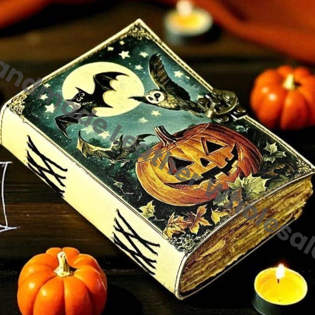 Pumpkin Leather Journal Vintage Bat Moon Forest Grimoire Handmade Book of Shadows Spell book Wiccan Pagan Gothic Magic Diary Gift