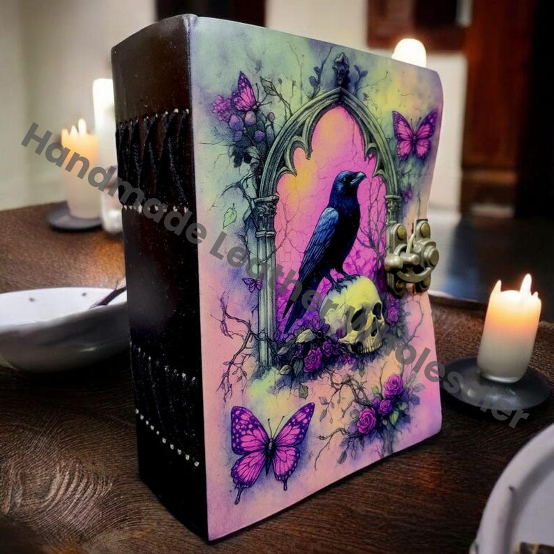 Raven Gothic Leather Grimoire Journal: Vintage Spell Book of Shadows Leather Bound Journal - Leather Sketchbook-Drawing Journal