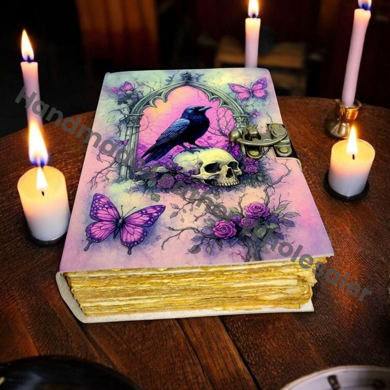Raven Gothic Leather Grimoire Journal: Vintage Spell Book of Shadows Leather Bound Journal - Leather Sketchbook-Drawing Journal