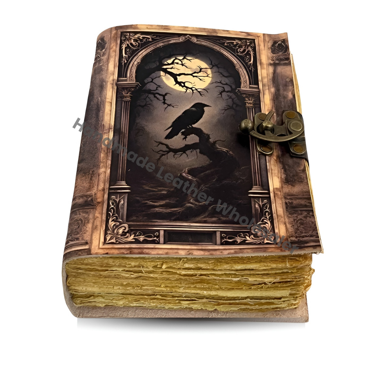 Raven Grimoire Leather Journal – Witchcraft Book of Shadows with Lock | 200 & 400 Page Deckle Paper Gothic Wiccan Spellbook Halloween gifts)