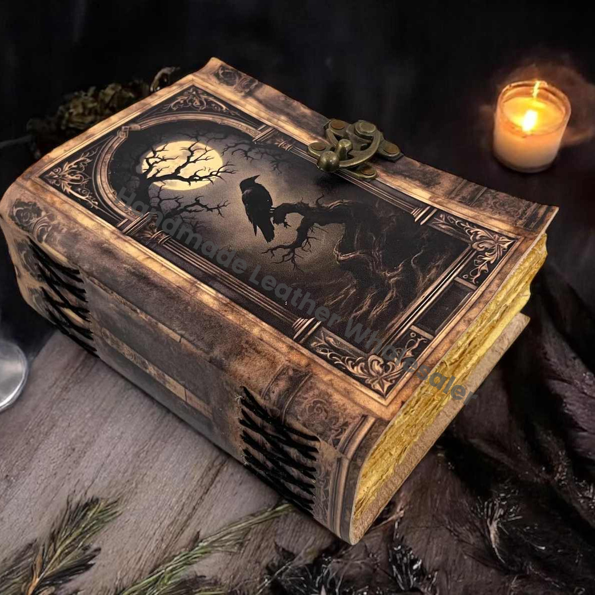 Raven Grimoire Leather Journal – Witchcraft Book of Shadows with Lock | 200 & 400 Page Deckle Paper Gothic Wiccan Spellbook Halloween gifts)
