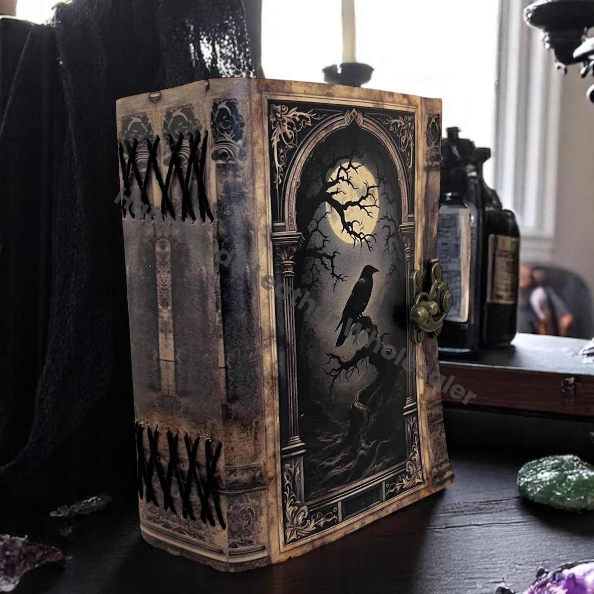 Raven Grimoire Leather Journal – Witchcraft Book of Shadows with Lock | 200 & 400 Page Deckle Paper Gothic Wiccan Spellbook Halloween gifts)