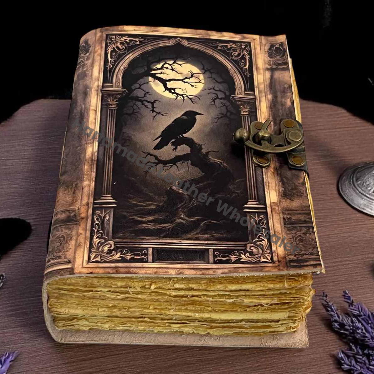 Raven Grimoire Leather Journal – Witchcraft Book of Shadows with Lock | 200 & 400 Page Deckle Paper Gothic Wiccan Spellbook Halloween gifts)