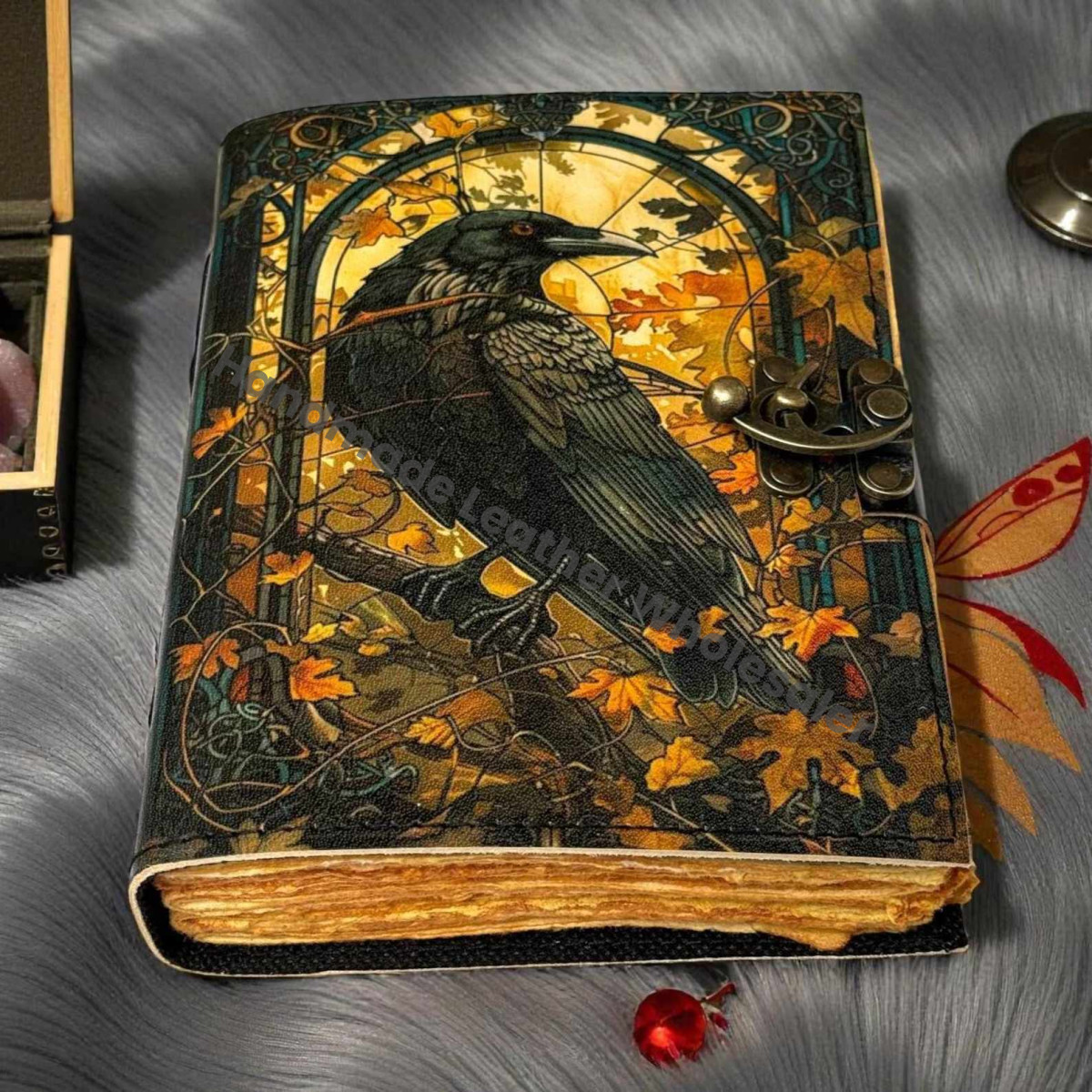 Raven Grimoire Leather Journal – Witchcraft Book of Shadows with Lock | Deckle Paper Gothic Wiccan Spell book