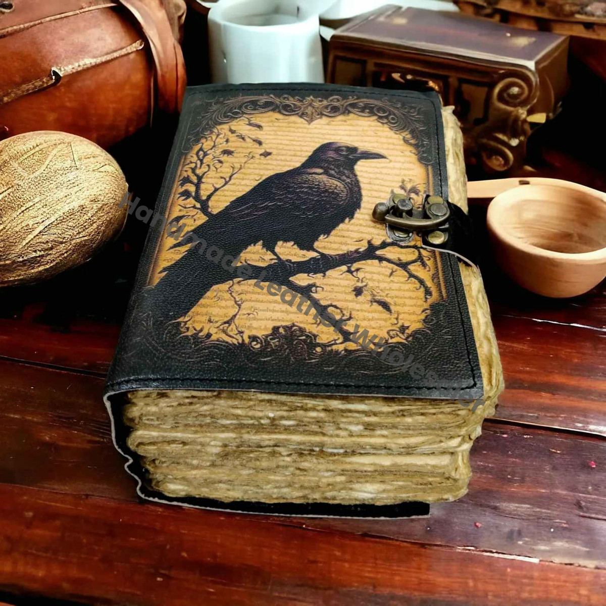 Raven Grimoire: Vintage Leather Journal, Blank Spell Book of Shadows -Leather Sketchbook-Drawing Journal Thick Notebook