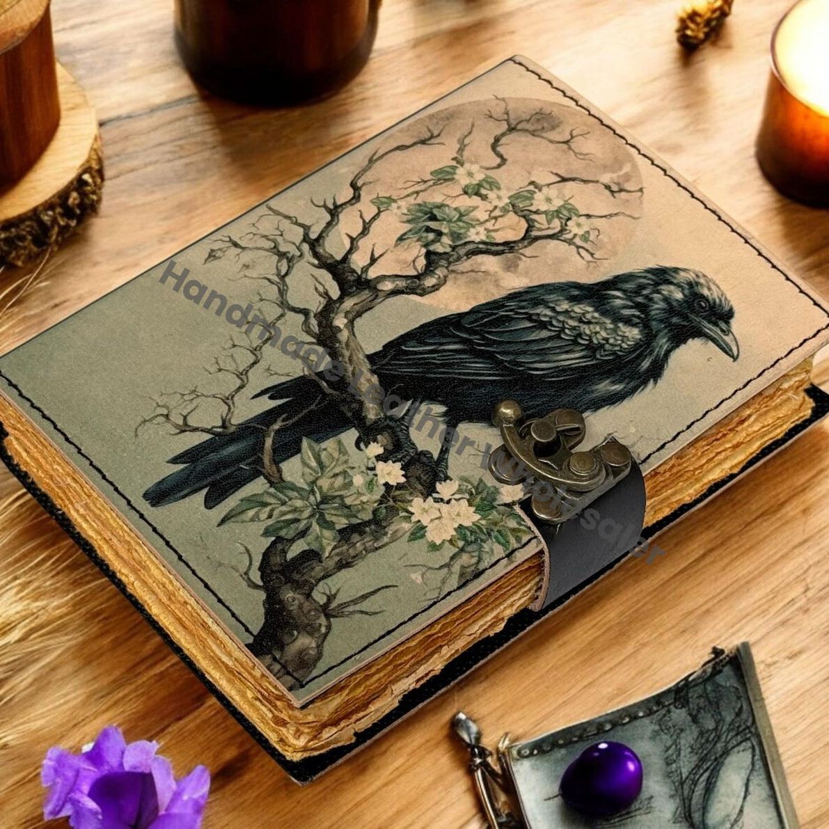 Raven Leather Grimoire – Gothic Book of Shadows, Witchcraft Spellbook