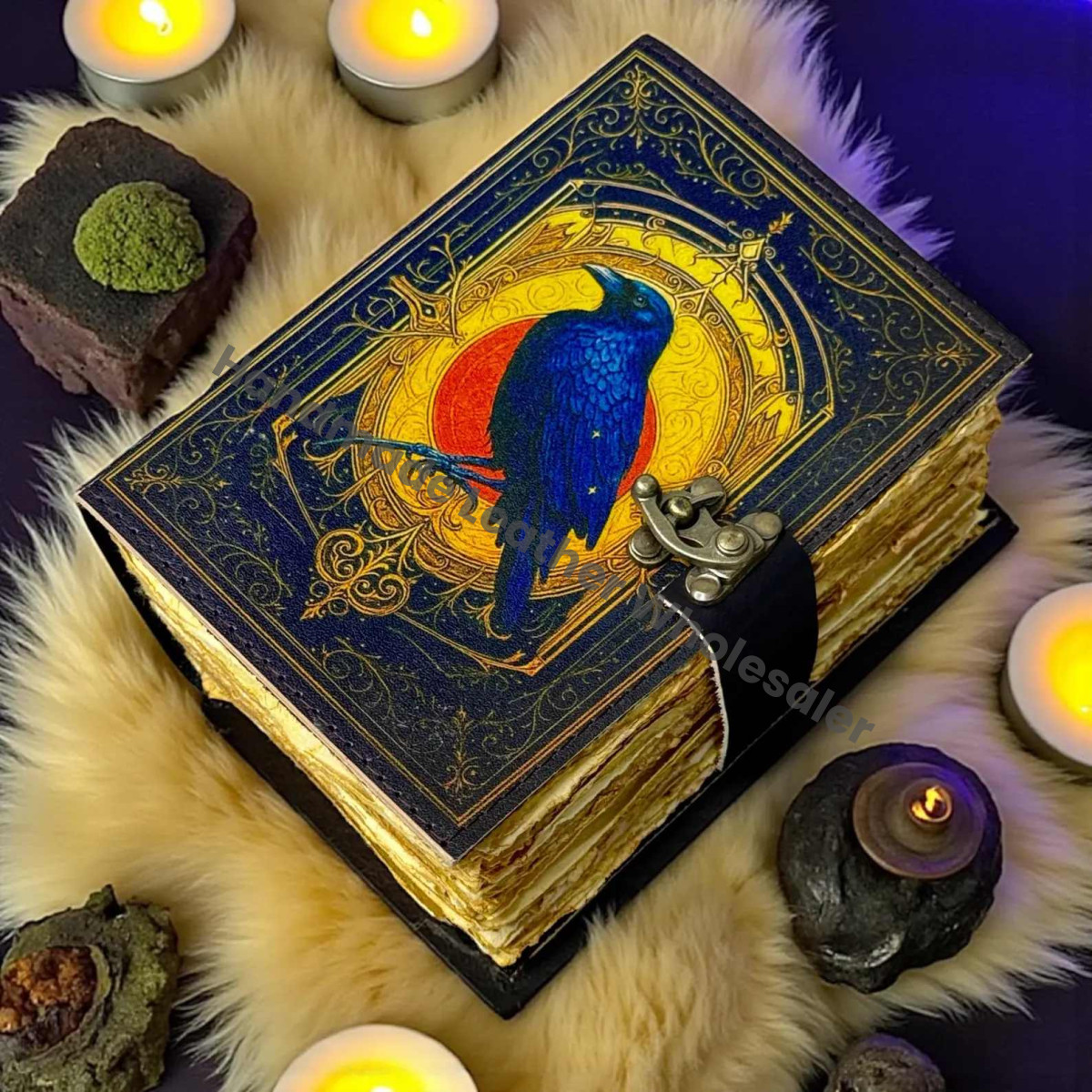 Raven Leather Grimoire – Handmade Gothic Spell Journal, Wiccan Book of Shadows, Occult Dark Academia Diary, Witchcraft Magic Gift, Witchy