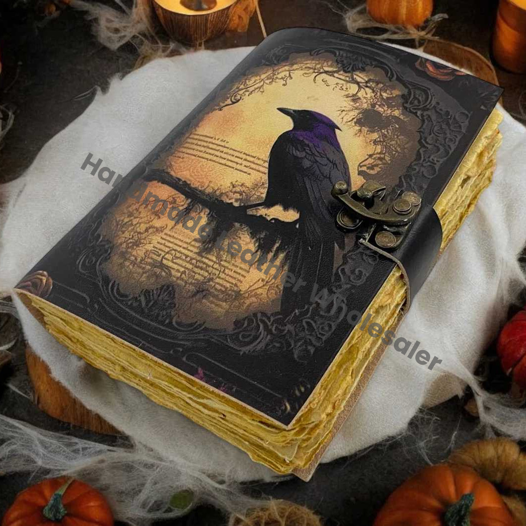 Raven Leather Witchy Journal Gifts | Gothic Grimoire Notebook | Handmade Book of Shadows | Vintage Leather Journal
