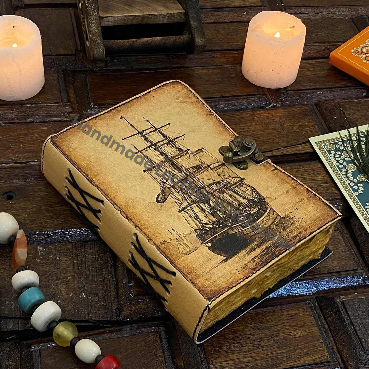 Sailing Ship boat Journal Notebook Book of Shadows Genuine Leather Journal, Gift for Women and Men Handmade 200 Deckle Edge Paper,