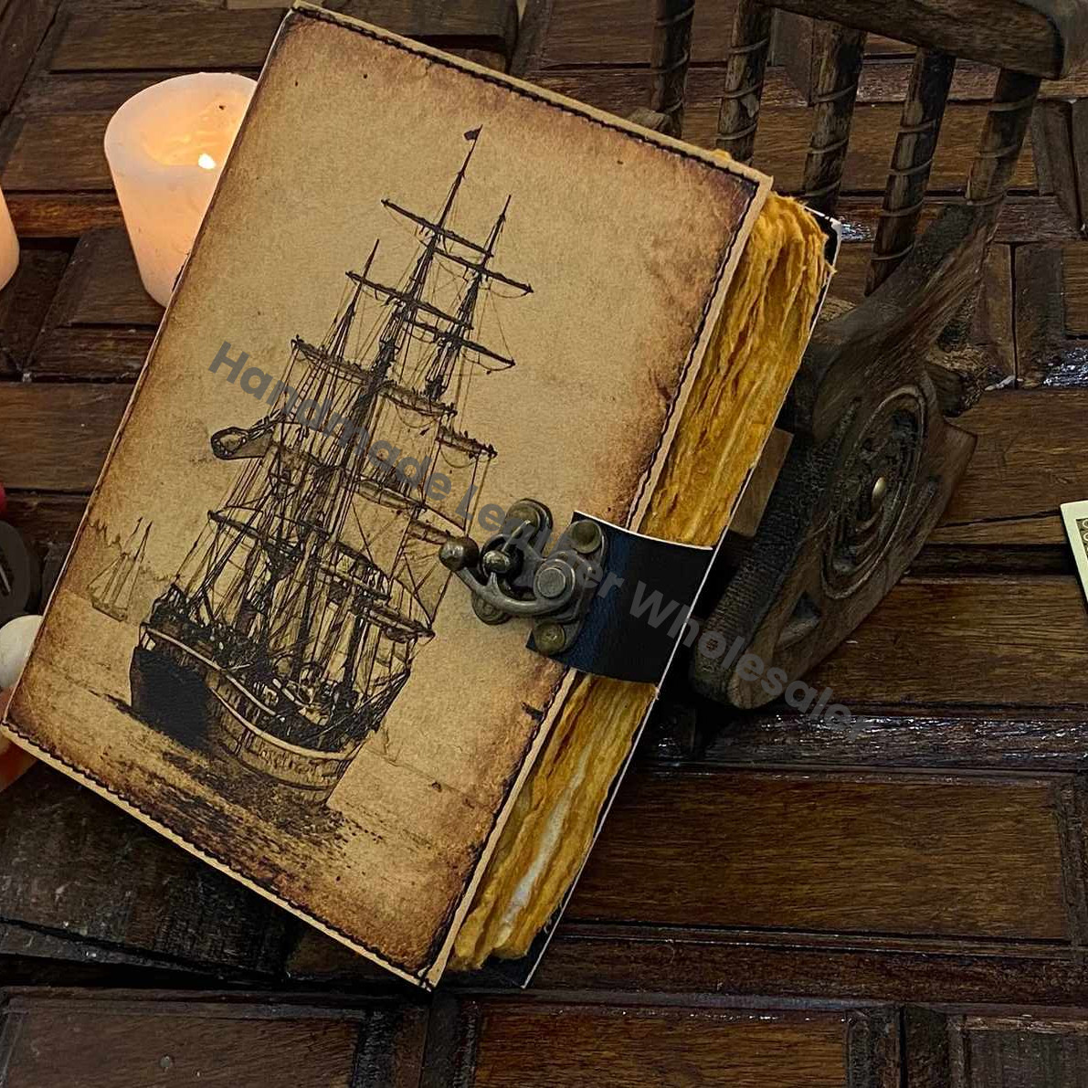 Sailing Ship boat Journal Notebook Book of Shadows Genuine Leather Journal, Gift for Women and Men Handmade 200 Deckle Edge Paper,
