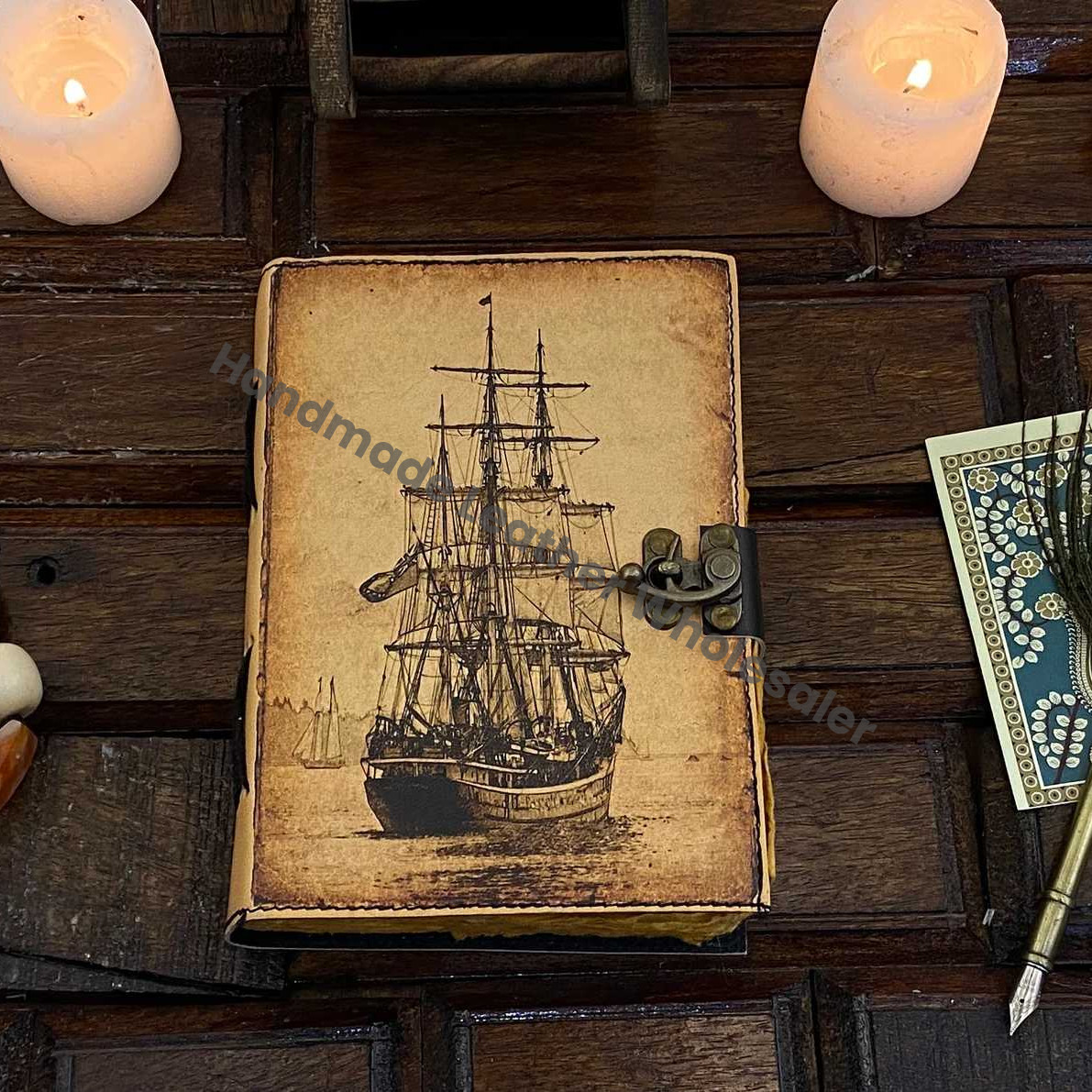 Sailing Ship boat Journal Notebook Book of Shadows Genuine Leather Journal, Gift for Women and Men Handmade 200 Deckle Edge Paper,