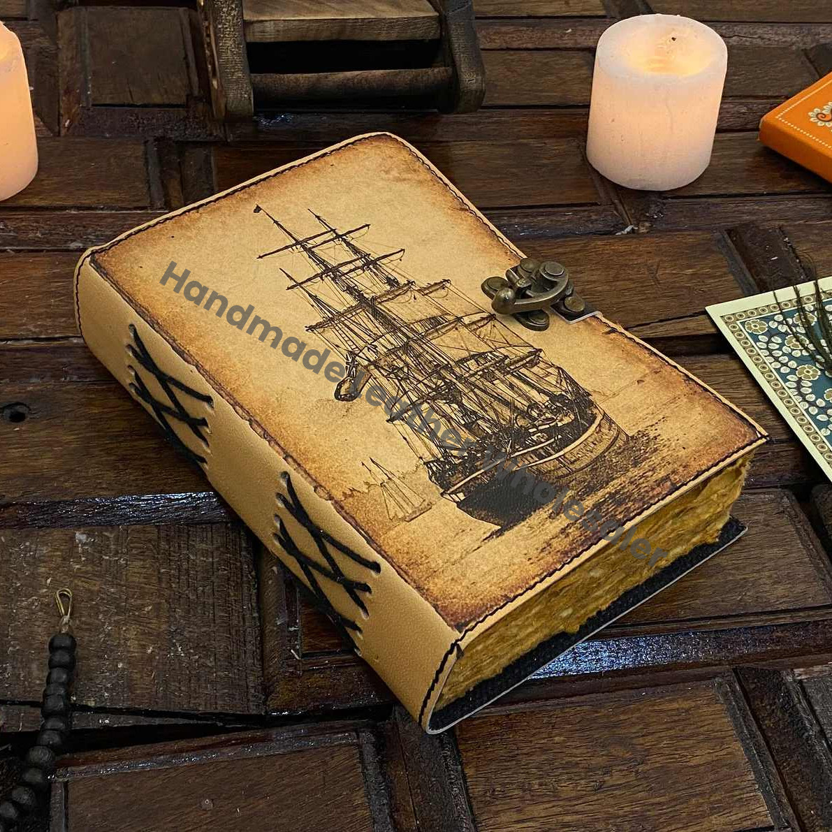 Sailing Ship boat Journal Notebook Book of Shadows Genuine Leather Journal, Gift for Women and Men Handmade 200 Deckle Edge Paper,