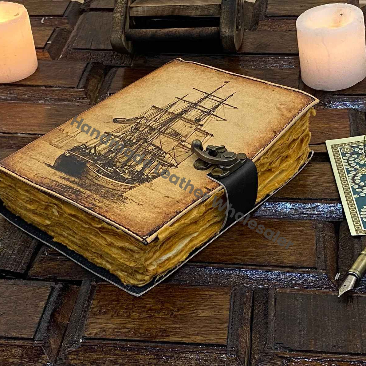 Sailing Ship boat Journal Notebook Book of Shadows Genuine Leather Journal, Gift for Women and Men Handmade 200 Deckle Edge Paper,